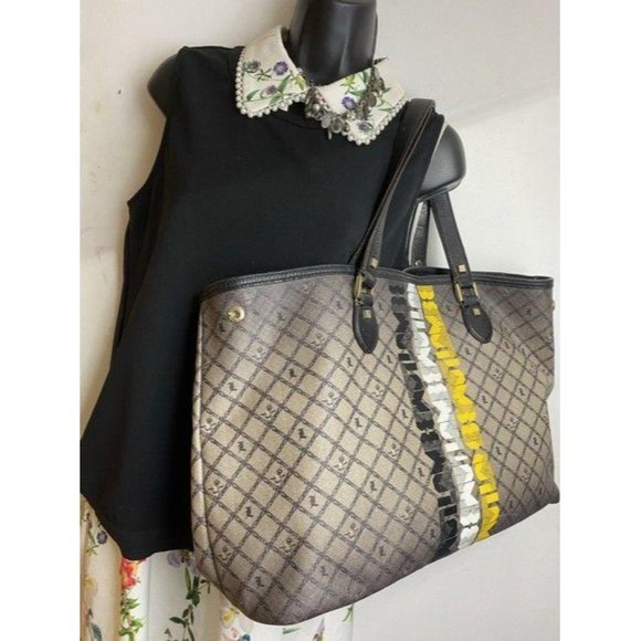 lamb shopping xl l black tan coated canvas tote - Picture 4 of 11